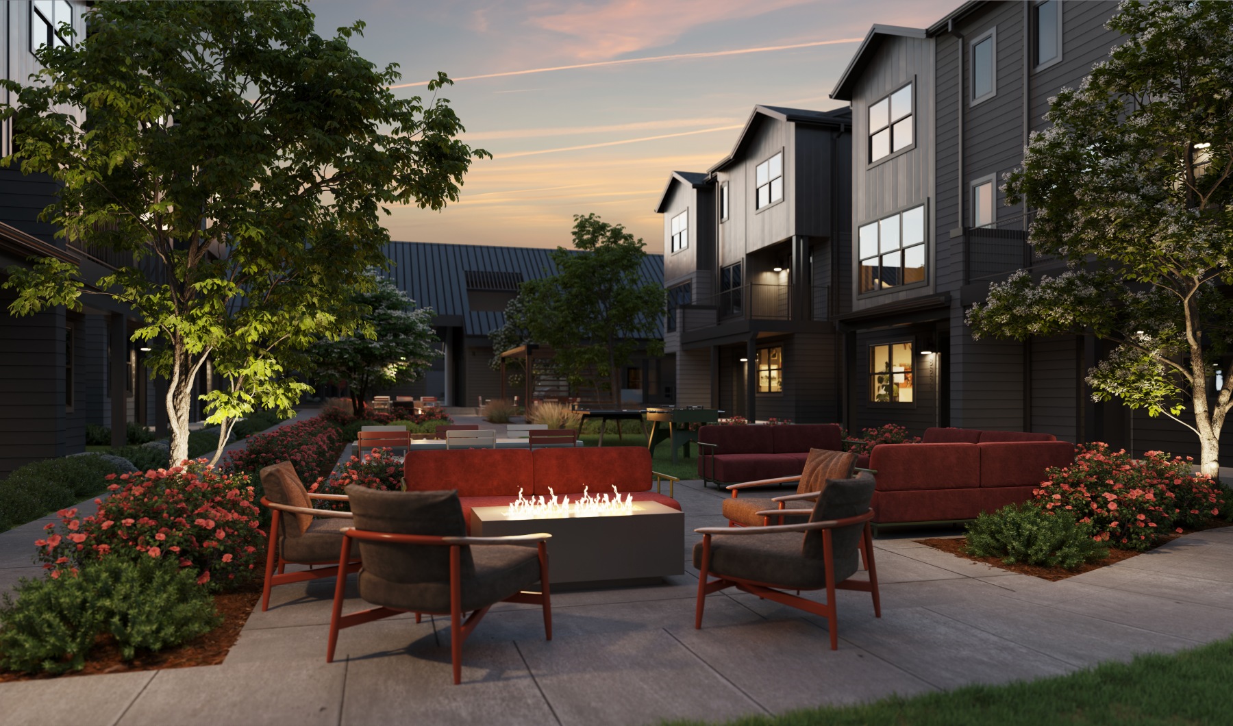 Berkley townhomes with firepits and amenities